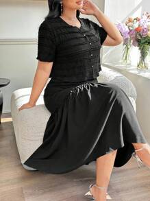 Modelyn Damen Strickoberteil & Rock Set in Große Größen mit Knopfabschluss und Patchwork, elegantes 2-teiliges Set