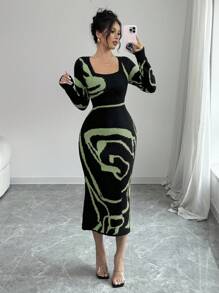 Elenzga Women's Color Block Fitted Waist Flare Sleeve Dress Fall Winter Cloth For Women - Green - View 5
