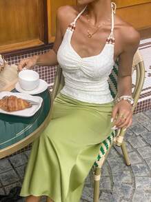 Serisse Top de tirantes ajustado con cuello de halter y pliegues bordados para mujer - Beis - Ver 6