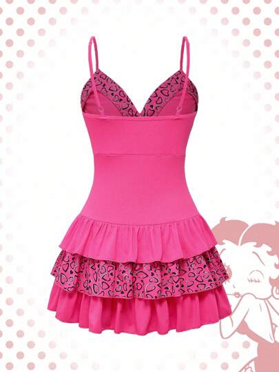 Betty Boop | ROMWE Vestido mini de capa escalonada con estampado de corazón retro vintage dulce para mujeres
