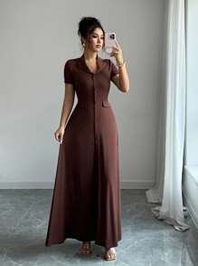 SHEIN Elenzya 优雅通勤棕色翻领纽扣装饰A字后背蝴蝶结短袖连衣裙（女款） - 棕色 - 查看 3