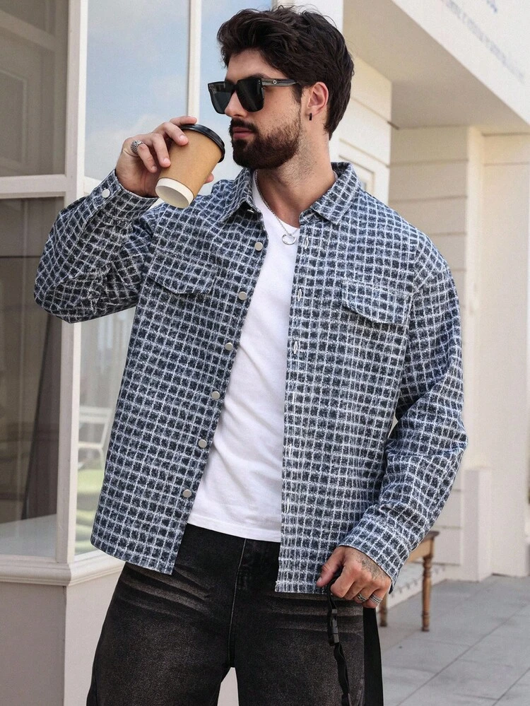 Men's Plaid Blue Denim Effect Shacket, Autumn Jacket