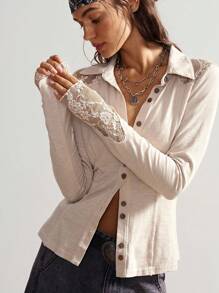 Bohemela 女士休闲纯色针织撞色蕾丝 T 恤 - 杏色 - 查看 2