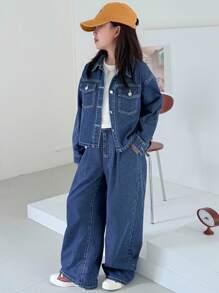 Dazy Kids 青少年女孩日常休闲牛仔套装 - 藍色 - 查看 6