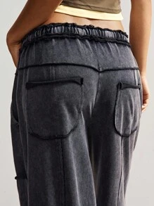 Bohemela Women's Casual Solid Color Knit Loose Drawstring Sweatpants - Black - View 7