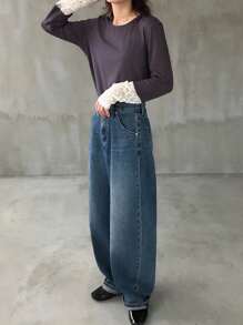 FRIFUL Women's Dark Grey Round Neck Long Sleeve Cuff Splice Sheer Lace Fabric Casual Slim Fit T-Shirt, Versatile For Autumn