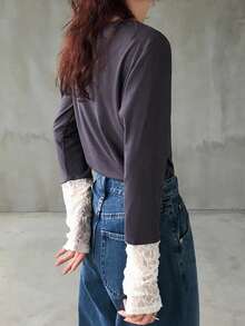 FRIFUL Women's Dark Grey Round Neck Long Sleeve Cuff Splice Sheer Lace Fabric Casual Slim Fit T-Shirt, Versatile For Autumn