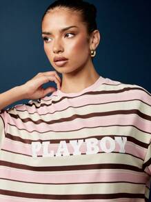 Missguided x Playboy Oversized Striped T-Shirt Retro Casual Summer Neapolitan Ice Cream Color Block Short Sleeve Loungewear Streetwear Fashion Statement Tee - Multicolor - View 3