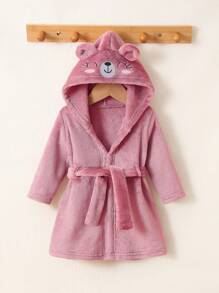 SHEIN Playful Pals 新生儿休闲可爱针织法兰绒纯色连帽长袖连帽衫，3D耳朵设计，笑脸刺绣前开长袍配腰带，柔软舒适的家居服 - 粉色 - 查看 1