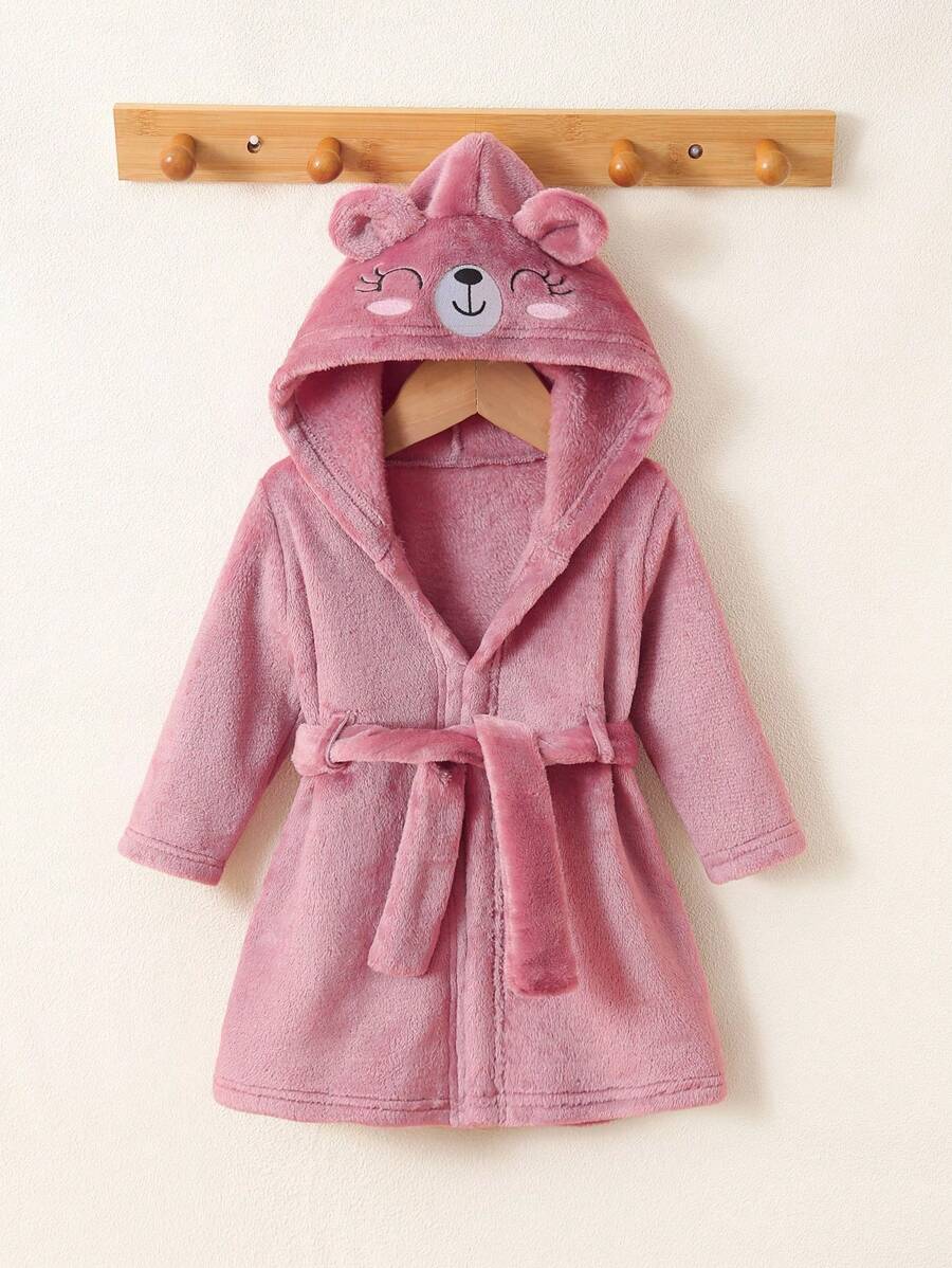 SHEIN Playful Pals 新生儿休闲可爱针织法兰绒纯色连帽长袖连帽衫,3D耳朵设计,笑脸刺绣前开长袍配腰带,柔软舒适的家居服 - 粉色 - 查看 1