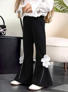 Young Girl Floral 3D Decor Flare Leg Pants - Black - View 6
