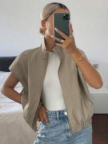 DAZY Women's Sleeveless Casual Stand Collar Zip Up Jacket Thin Outerwear Vest - Khaki - View 2