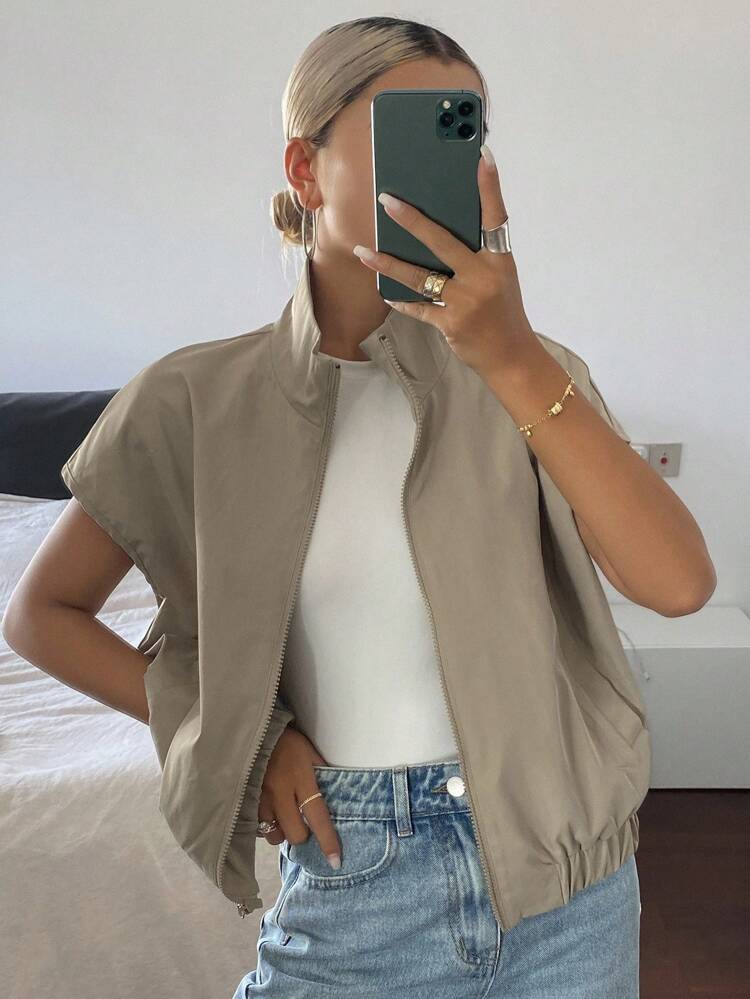 Women's Sleeveless Casual Stand Collar Zip Up Jacket Thin Outerwear Vest