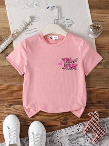 TOM & JERRY X SHEIN 青少年女孩休闲简约短袖T恤，适合夏季，圆领粉色心形气球奶酪卡通可爱设计