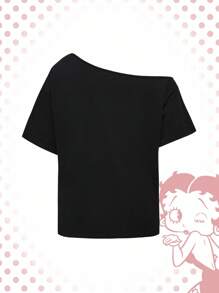Betty Boop | ROMWE Sexy Cartoon Figure Graphic Black Asymmetrical Neck Women T-Shirt - Black - View 2