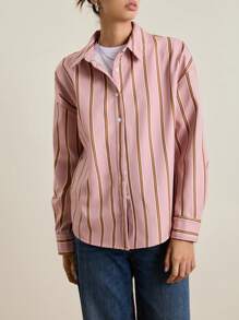 INAWLY Women's Casual Everyday Striped Front Button Down Oversized Shirt Fall Cloth For Women - Pink - View 5