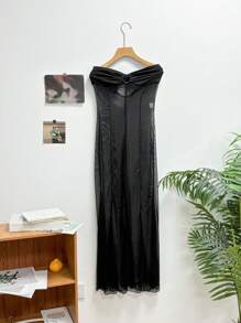 DAZY Cămașă de noapte lungă și sexy, din plasă neagră, cu model patchwork, transparentă, pentru femei