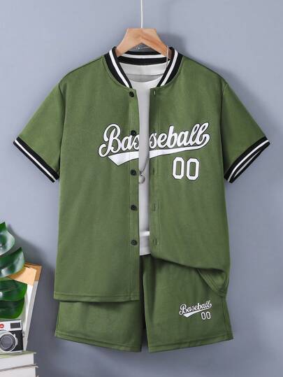 SHEIN Explorewe Conjunto de camiseta y pantalones cortos de verano informal con bloques de color y estampado de letras para niño preadolescente