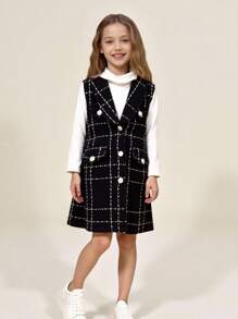 SHEIN 2pcs Young Girl Elegant Solid High Neck Long Sleeve Dress And Plaid Front Button Vest Set, Suitable For School, Travel, Walking - White - View 5