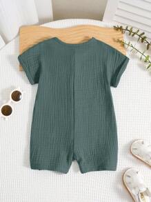 新生男婴可爱休闲纯色短袖连体衣和短裤套装，夏季 - 墨綠色 - 查看 3