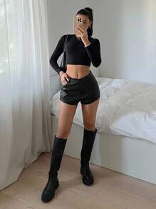 SHEIN EZwear PU Leather Solid Color Zipper High-Waist Shorts - Black - View 4