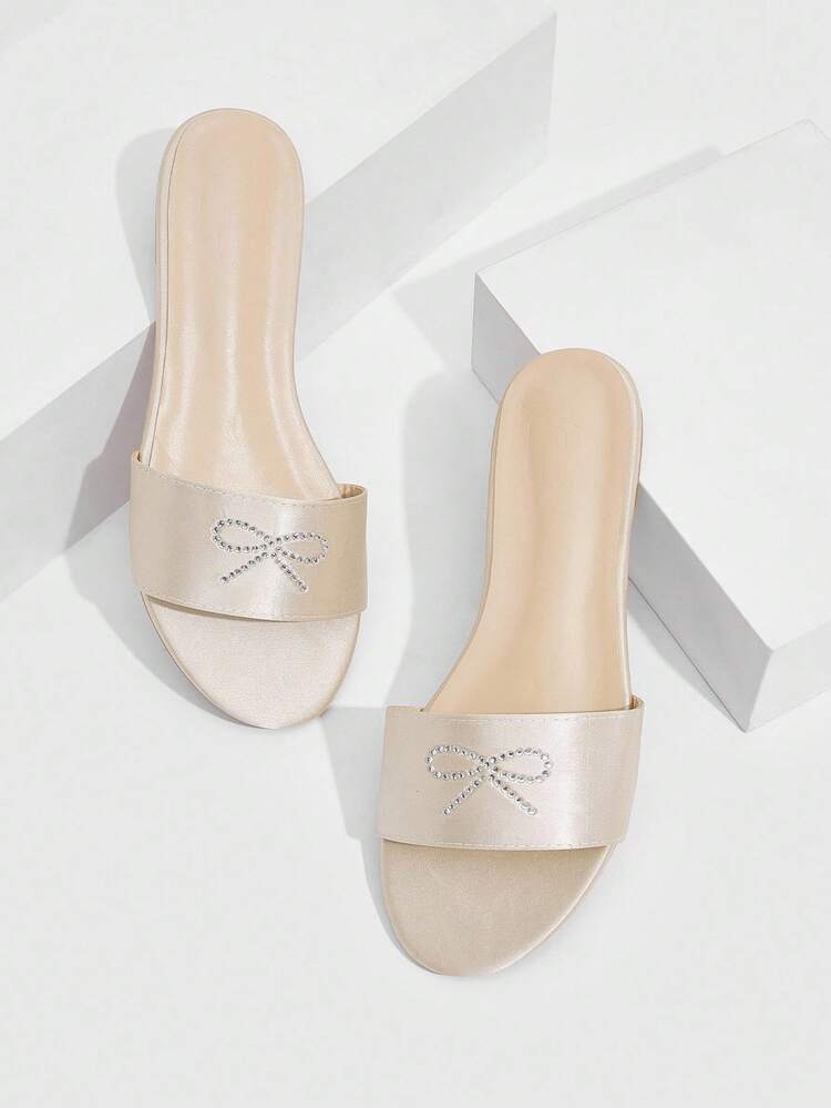 CUCCOO SZL Women's Champagne Satin Bow & Rhinestone Decor Flat Sandals, Fashionable & Comfortable For Summer Vacation