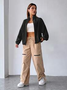 SHEIN EZwear Women's Casual Daily Solid Color Zip-Up Stand Collar Loose Jacket Jacket Y2k Oversized Jacket Windbreaker Jacket Light Jacket In Fall/Winter - Black - View 3