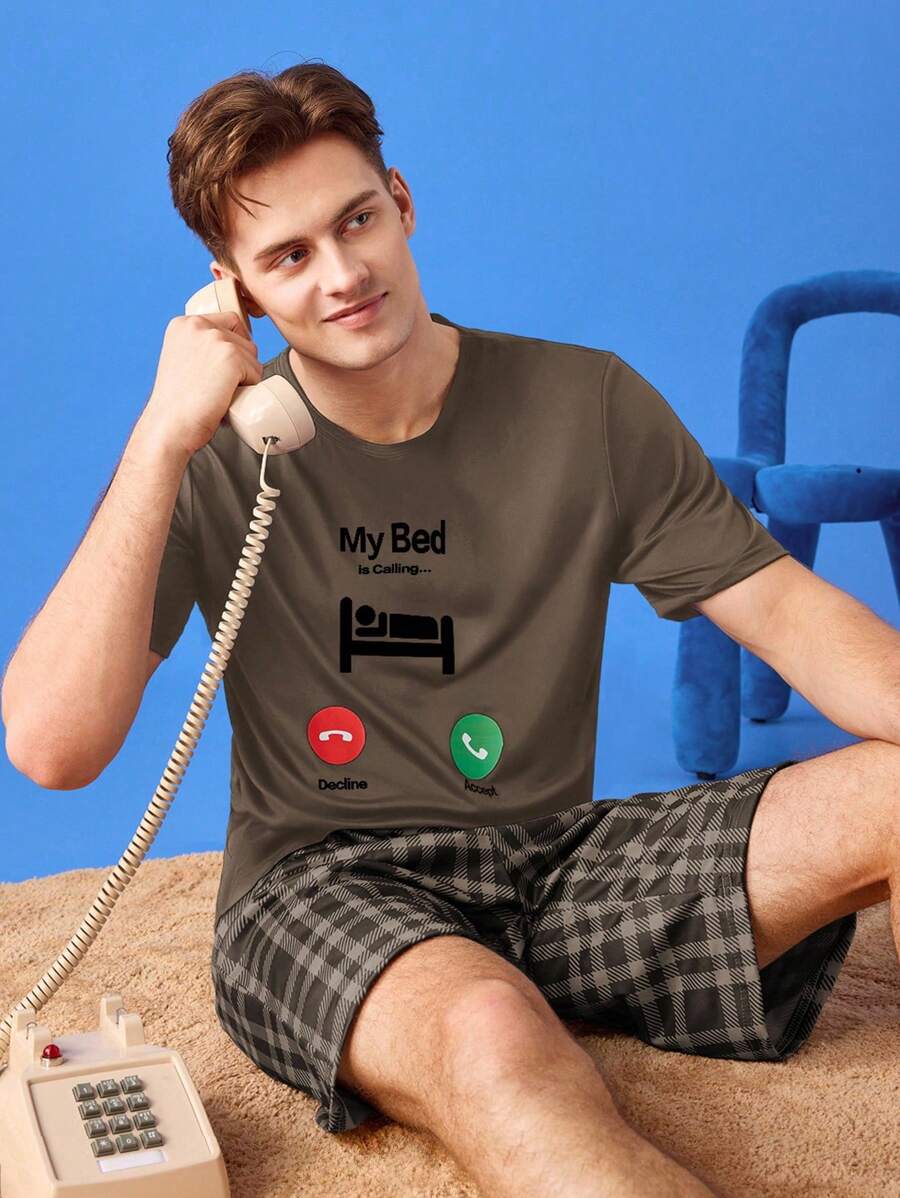 年轻休闲“我的床”图案舒适套头 T 恤，男士家居服 - 彩色 - 查看 1