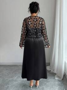 Elenzga Plus Size Summer Elegant Solid Color Camisole Dress And Rhinestone Mesh Jacket 2 Pieces Set Fall Cloth For Women - Black - View 2