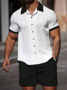 Manfinity CasualCool Bộ áo sơ mi tay ngắn và quần short vải họa tiết tương phản mùa hè dành cho nam Áo sơ mi nam mùa hè - Đen và trắng - Xem 4