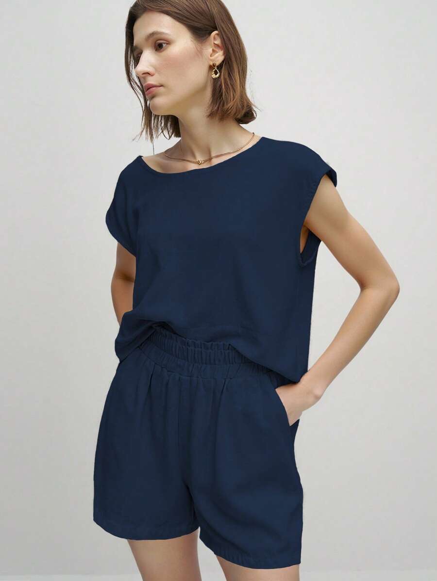 Airaco 2pcs Women Casual Solid Color Round Neck Dolman Sleeve Top And Shorts Set