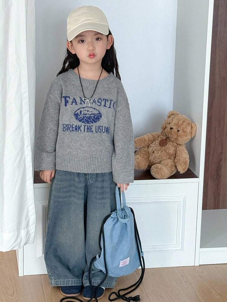 Young Girl Casual Letter Pattern Sweater, Autumn/Winter