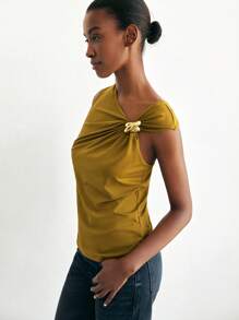 Maija Women's Summer Solid Color Asymmetric Ruched Metal Decor Tank Top - Mustard Yellow - View 4