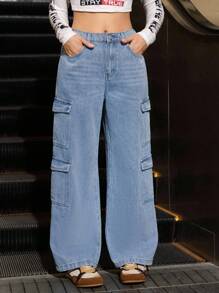 Calça Cargo Denim Azul Claro de Estilo de Streetwear Y2K para Adolescentes, Solta, com Múltiplos Bolsos
