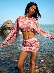 Opulessa Set da 2 pezzi composto da top a fascia casual e minigonna con effetto vacanziero per donne - Rosa - Visualizzare 5