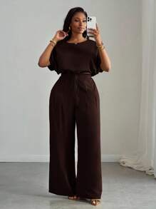 Slaydiva Bộ đồ nữ cỡ lớn mùa Xuân/Hè mới gồm 2 món - Áo croptop tay raglan rộng màu xanh lá cây có dây rút ở gấu áo và quần ống rộng có túi. - màu nâu - Xem 4