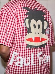 ROMWE MEN Paul Frank X ROMWE Men's Letter & Cartoon Pattern Plaid Short Sleeve Shirt - Red - View 3