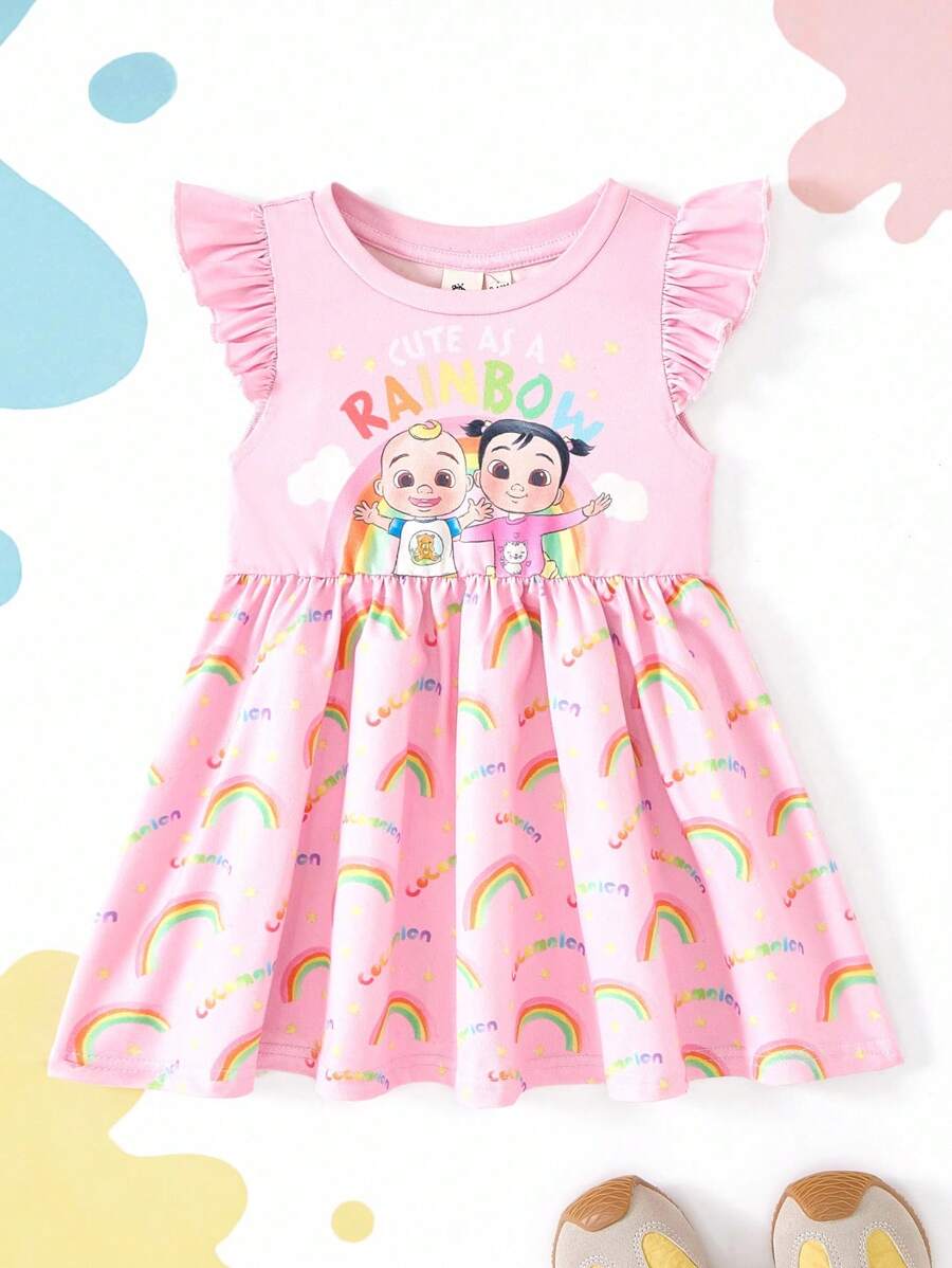 CoComelon X SHEIN 女宝宝甜美卡通图案针织圆领盖袖连衣裙 - 粉色 - 查看 1