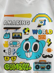 GUMBALL X SHEIN 青少年男孩休闲长袖连帽运动衫，适合秋冬季 - 白色 - 查看 3