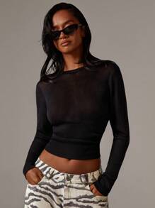 Athîral 女士性感透明针织长袖修身上衣 - 黑色 - 查看 3