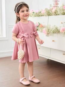 Babygirl 优雅可爱粉色蝴蝶结短袖宽松连衣裙 - 粉色 - 查看 6