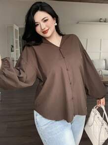 Dazy Plus 大码女式休闲V领灯笼袖宽松长袖衬衫，春秋季 - 棕色 - 查看 5