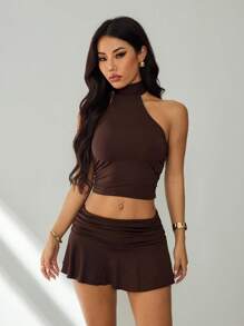 SHEIN PETITE 夏季西部音乐节露背背心聚拢迷你裙套装秋冬内衣 - 咖啡棕 - 查看 3