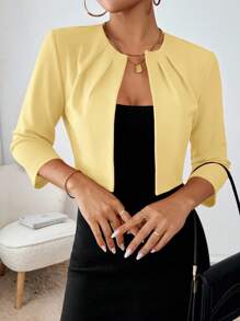 SHEIN Essnce Women's Solid Color Round Neck Casual Pleated Cropped Blazer In Fall/Winter - Yellow - View 2
