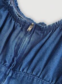 SHEIN MOD 女式圆领褶腰休闲无袖牛仔连体衣 - 藍色 - 查看 4