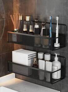 1 pieza Estante de almacenamiento montado en la pared de hierro moderno y negro hueco, estantería de almacenamiento para el baño para el hogar