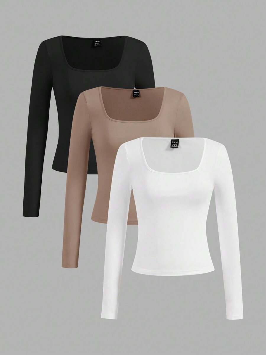 SHEIN EZwear 3 piezas Camisetas casuales, recortadas, de manga corta y ajustadas para mujer, adecuadas para primavera y verano - Multicolor - Ver 1