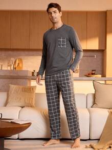 Men Plaid Print Pocket Patched PJ Set / Pajama Set - Dark Grey - View 3