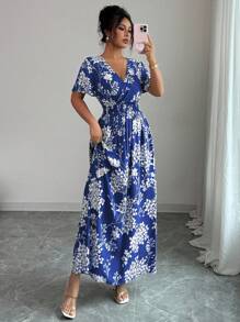 Elenzga Đầm chữ A xẻ tà hai bên tay loe, dáng chữ A, cổ tròn, thắt eo, thích hợp cho tiệc trà chiều, đi biển, mùa xuân/hè - Xanh đậm - Xem 7