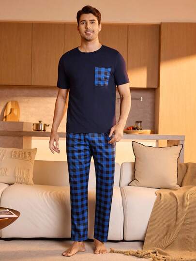 Manfinity Underwear&Sleepwear Basics Men's Casual Plaid Pocket Short Sleeve Top And Pants Pajama Set